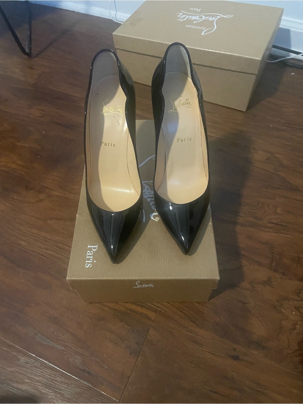 Christian Louboutin Black Patent Pointed-Toe Scalloped Pumps